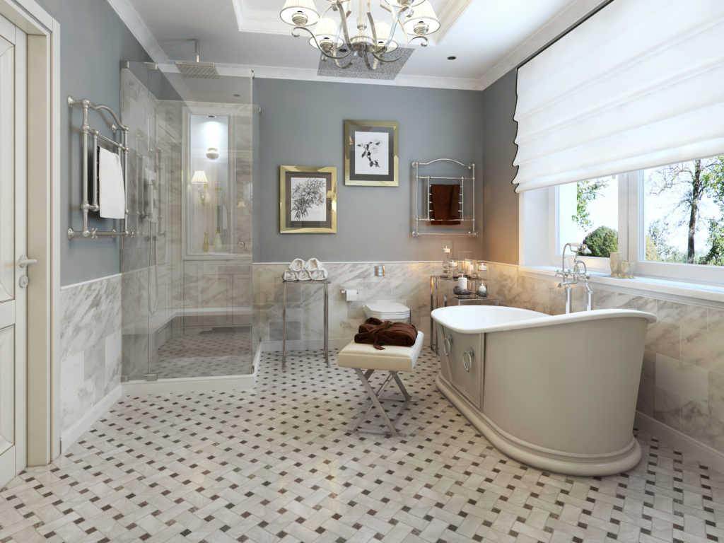 salle de bain avec sol en mosaique ton beige marron